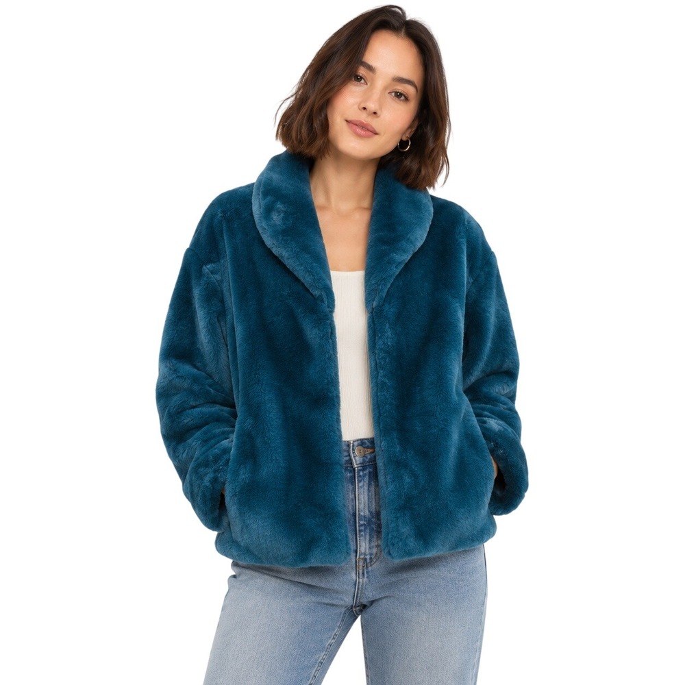 Teal Faux Fur Teddy Jacket Cropped Plush Statement Coat Women's Size 6